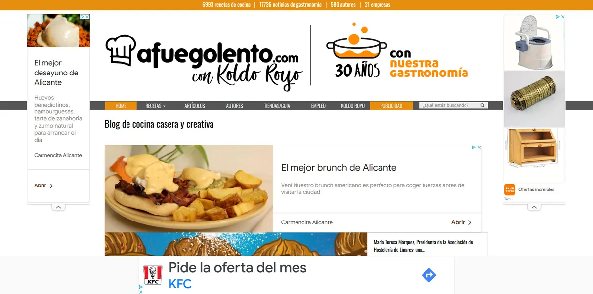 Home page of A Fuego Lento, a Spanish food site