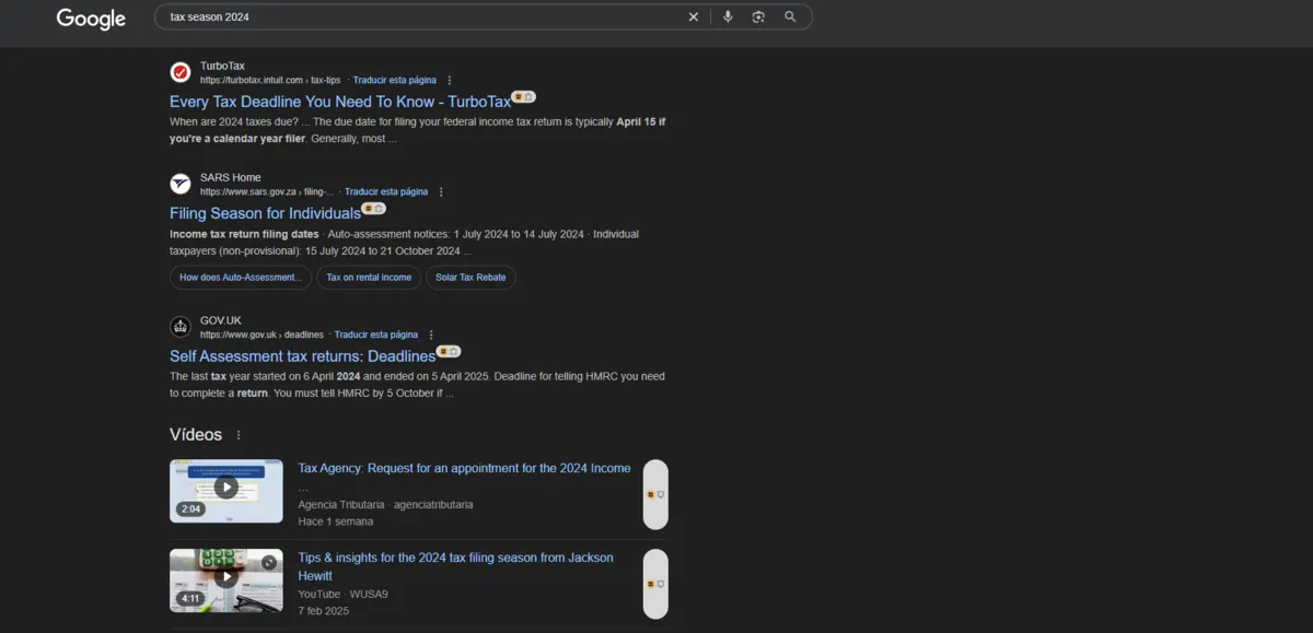 Google results for 'tax season 2024' with TurboTax, SARS and GOV.UK deadlines