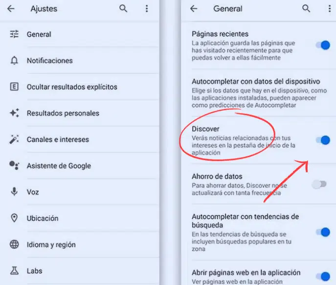 Ajustes generales de la aplicación de Google con el interruptor de Discover marcado en rojo