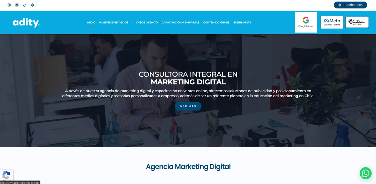 Home page of Adity, an SEO agency in Chile
