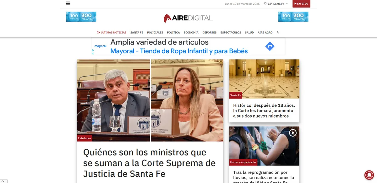 Home page of Aire de Santa Fe, an Argentine newspaper