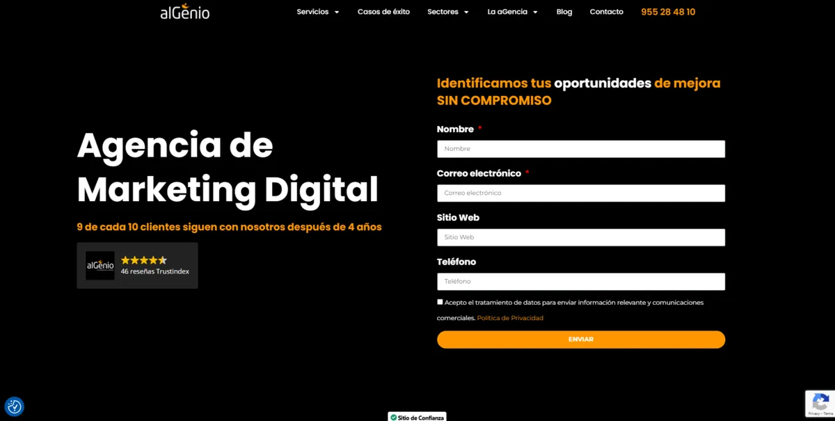 Home page of Algenio, an SEO agency in Seville