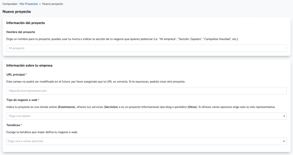 Formulario de nuevo proyecto de Growwer con nombre, URL, tipo de negocio y temáticas