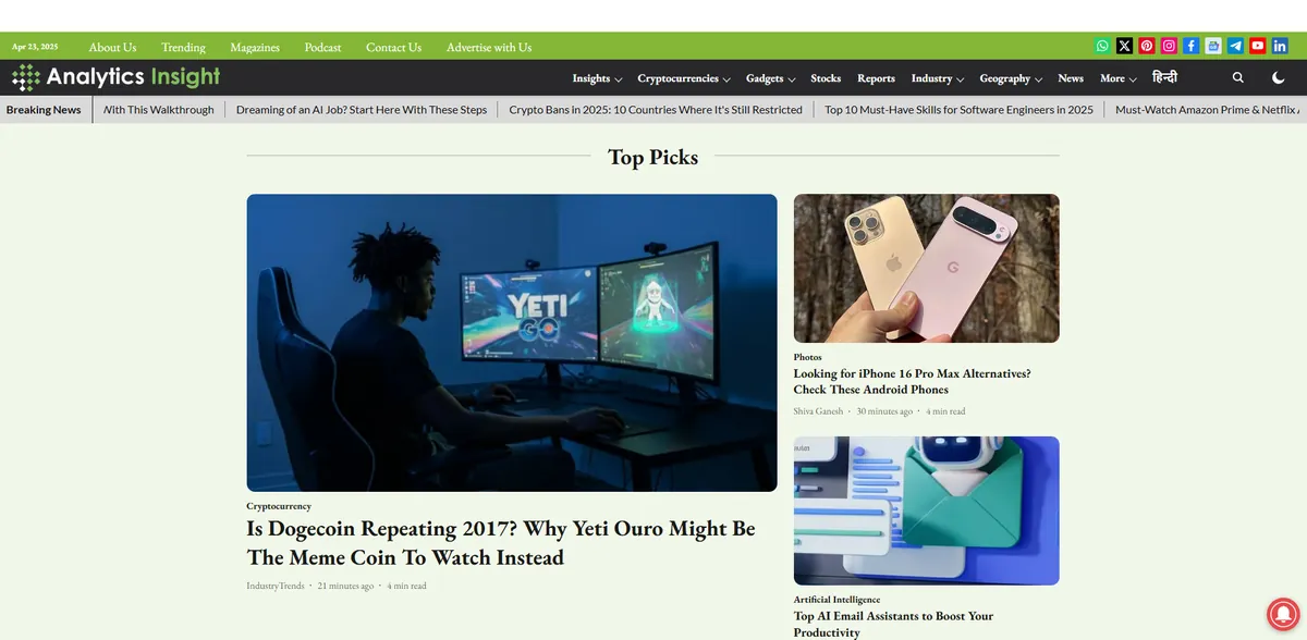 Home page of Analytics Insight, a tech site
