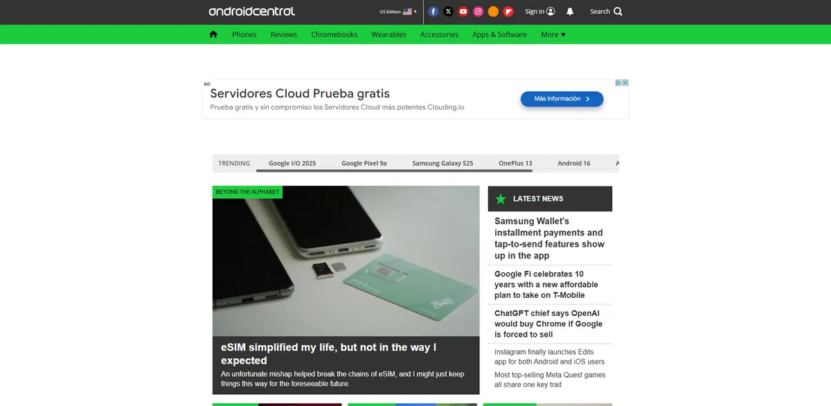 Home page of Android Central, a tech site