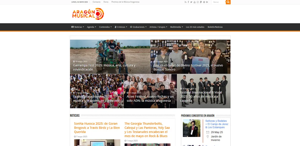 Home page of Aragón Musical, a Spanish music site