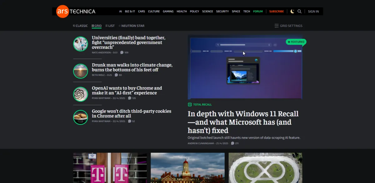 Home page of Ars Technica, a tech site