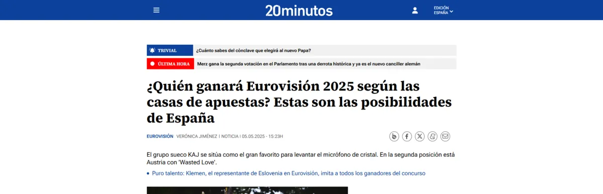 Artículo de 20minutos sobre quién ganará Eurovisión 2025 según las casas de apuestas