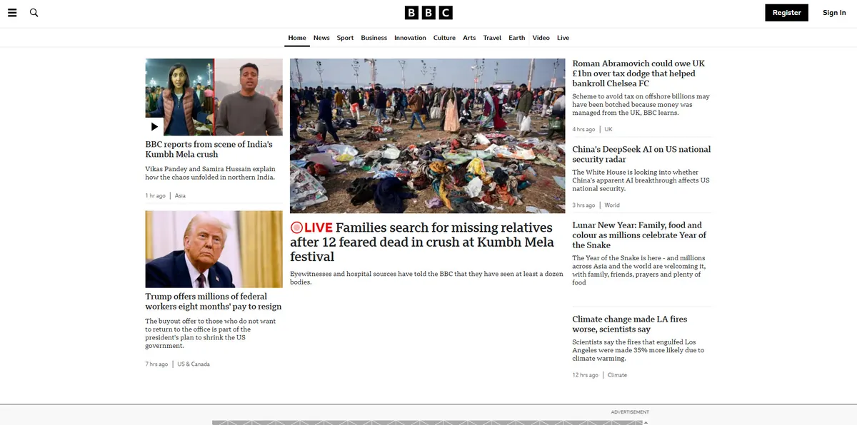 Home page of BBC News, a UK newspaper