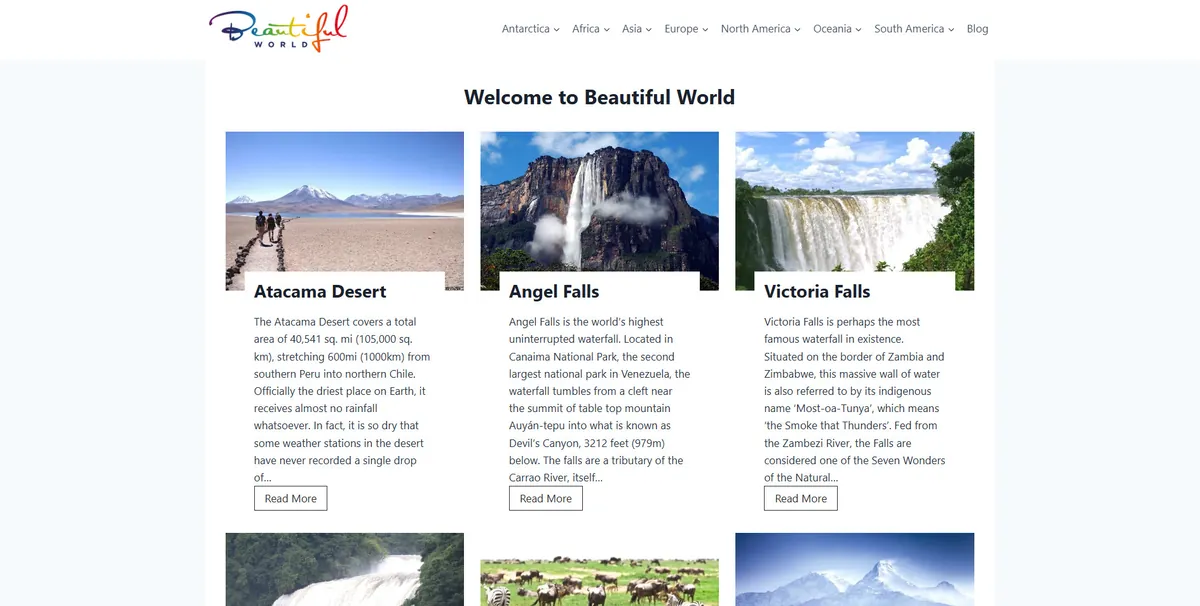 Home page of Beautiful World, a US travel site