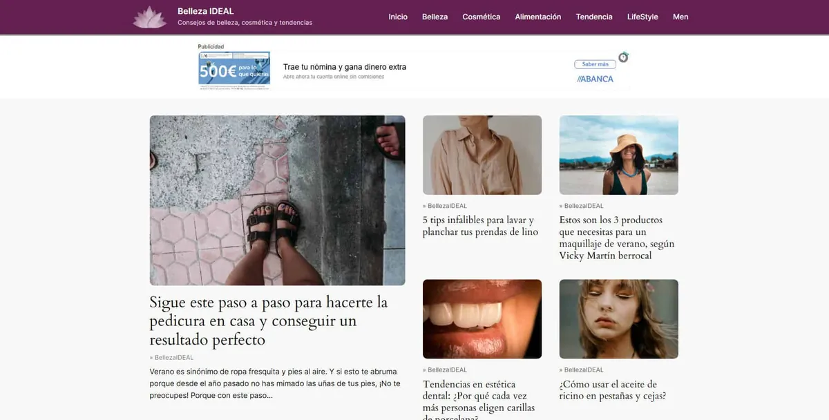 Home page of Belleza IDEAL, a Spanish beauty site