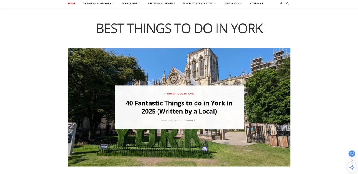 Home page of Best Things To Do In York, a UK travel site