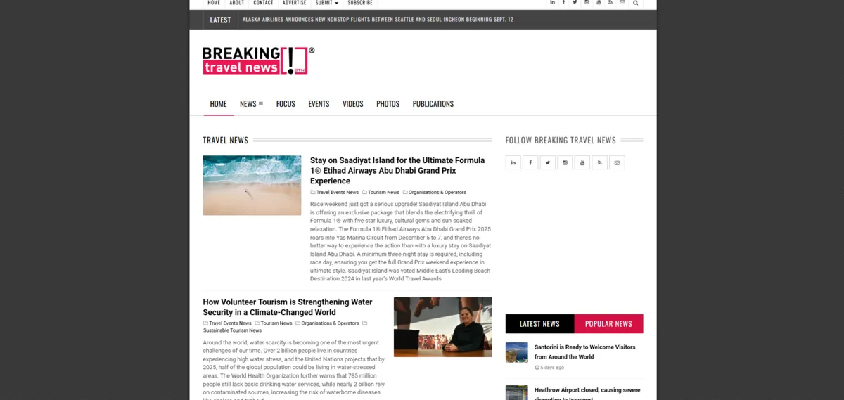 Home page of Breaking Travel News, a UK travel site
