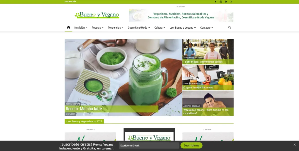Home page of Bueno y Vegano, a Spanish food site