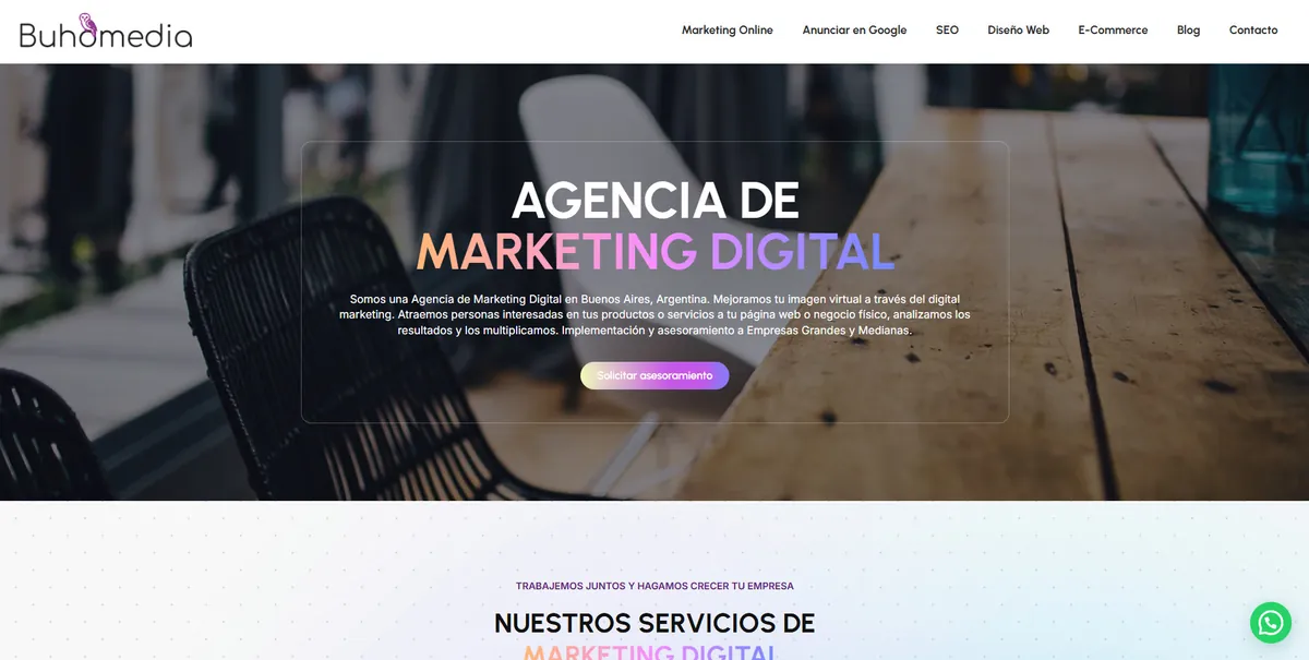 Home page of Búho Media, an SEO agency in Argentina