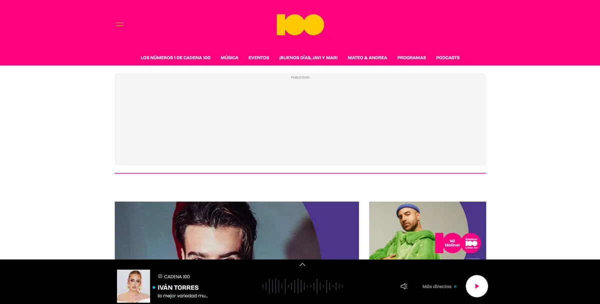 Home page of Cadena 100, a Spanish radio station