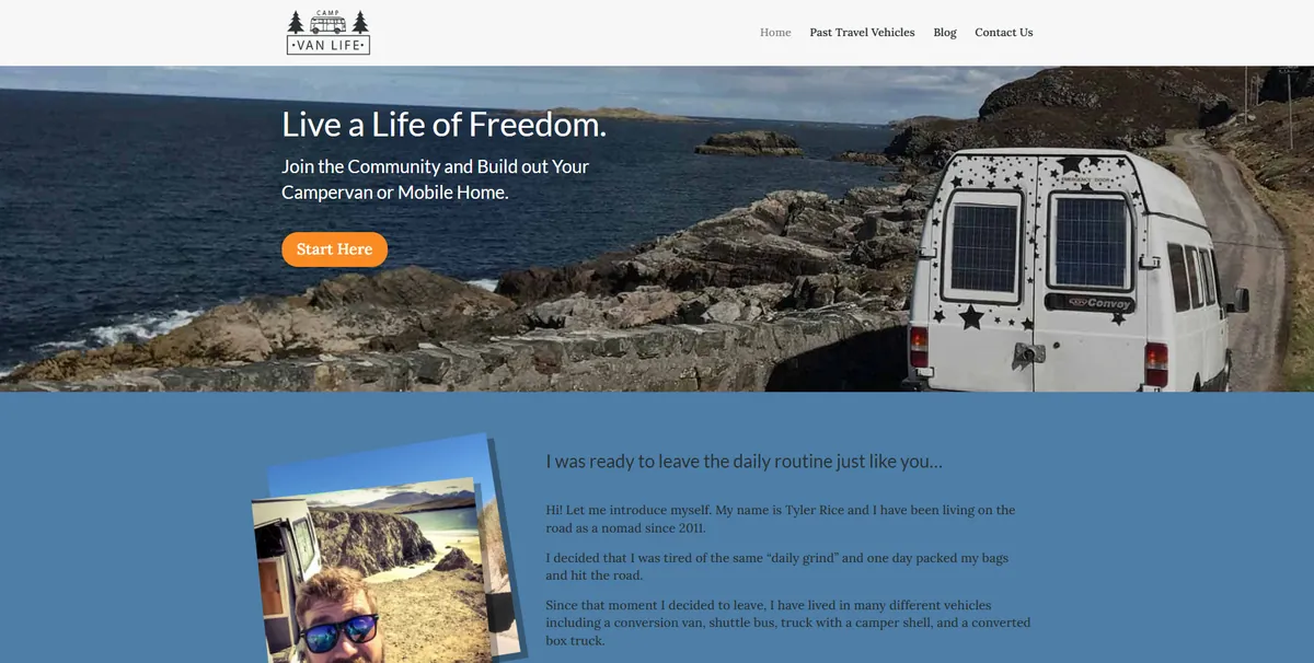Home page of Camp Van Life, a US travel site