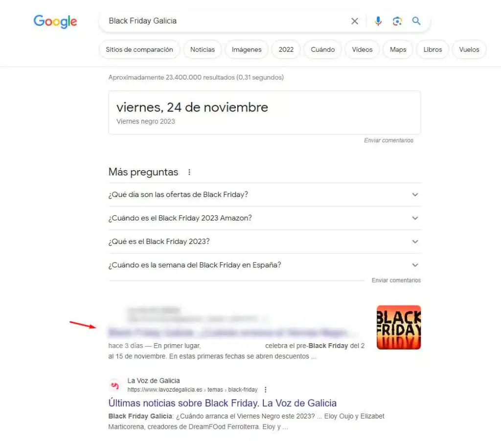 Campaign article ranking first in Google results for 'Black Friday Galicia'