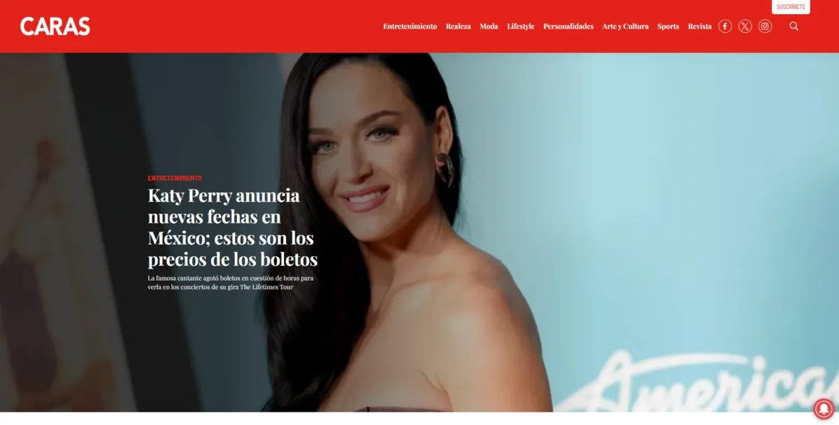 Home page of Caras Mexico, a Spanish-language celebrity magazine