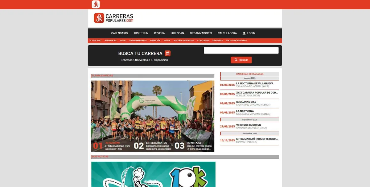 Home page of Carreras Populares, a Spanish running site