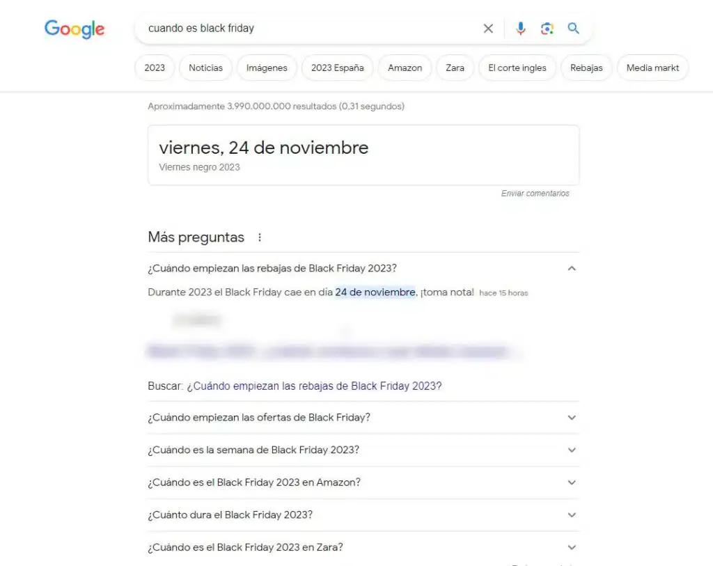 Google People Also Ask box for 'cuando es black friday' showing the campaign article