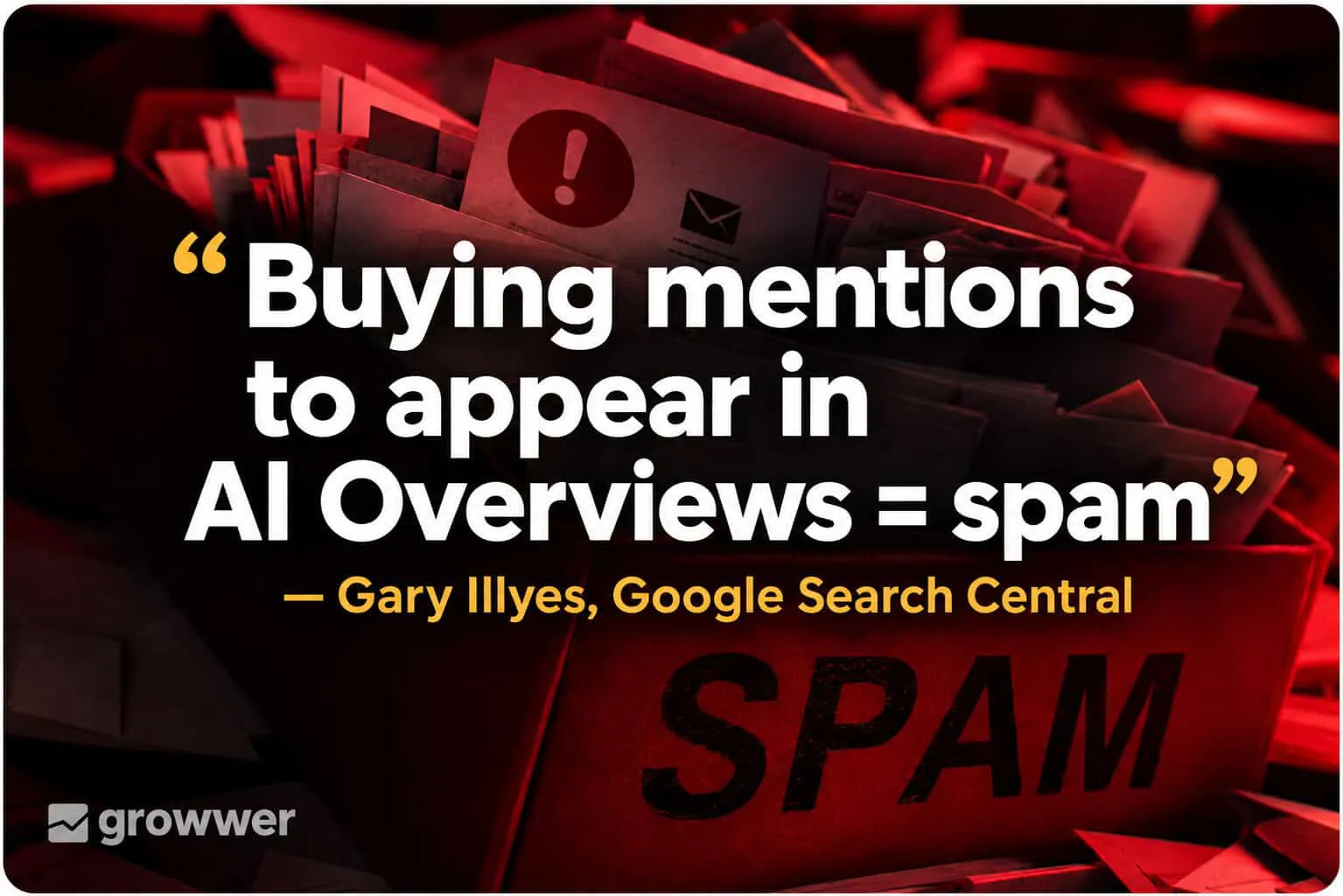 Gary Illyes quote card: 'Buying mentions to appear in AI Overviews = spam'