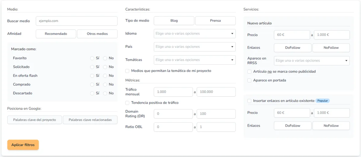 Growwer media catalogue filters by type, country, topic, traffic, DR and price