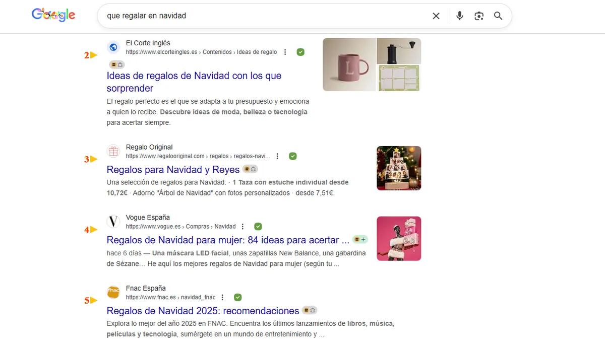 Google results for 'que regalar en navidad' with El Corte Inglés, Vogue España and Fnac