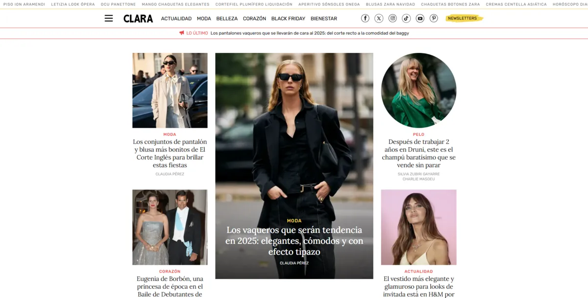 Home page of Clara, a Spanish fashion magazine