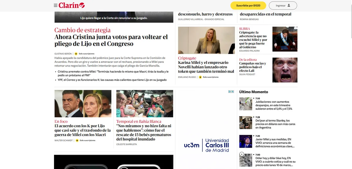 Home page of Clarín, an Argentine newspaper