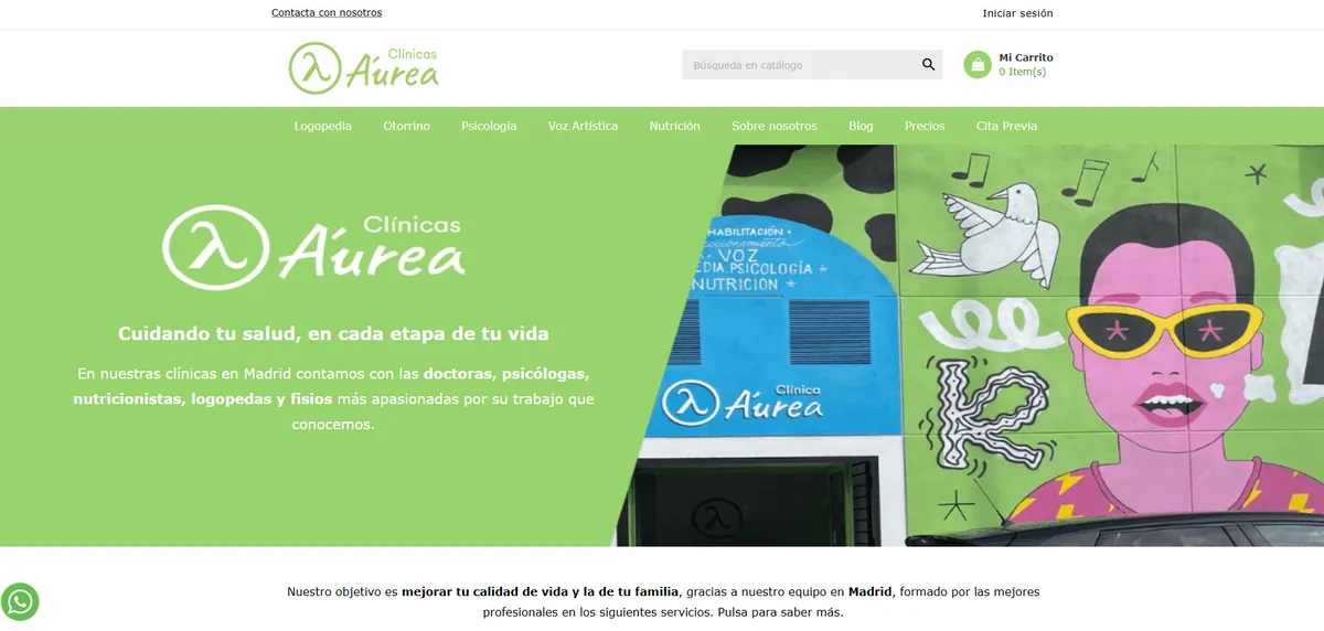 Home page of Clínicas Áurea, a Spanish health site