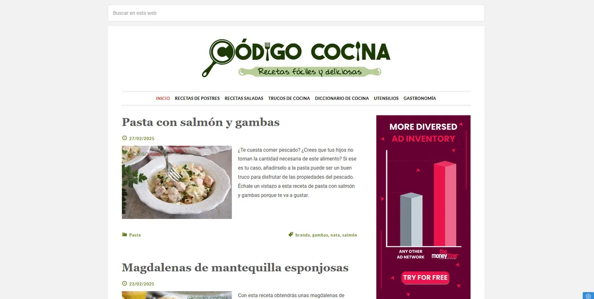 Home page of Código Cocina, a Spanish food site