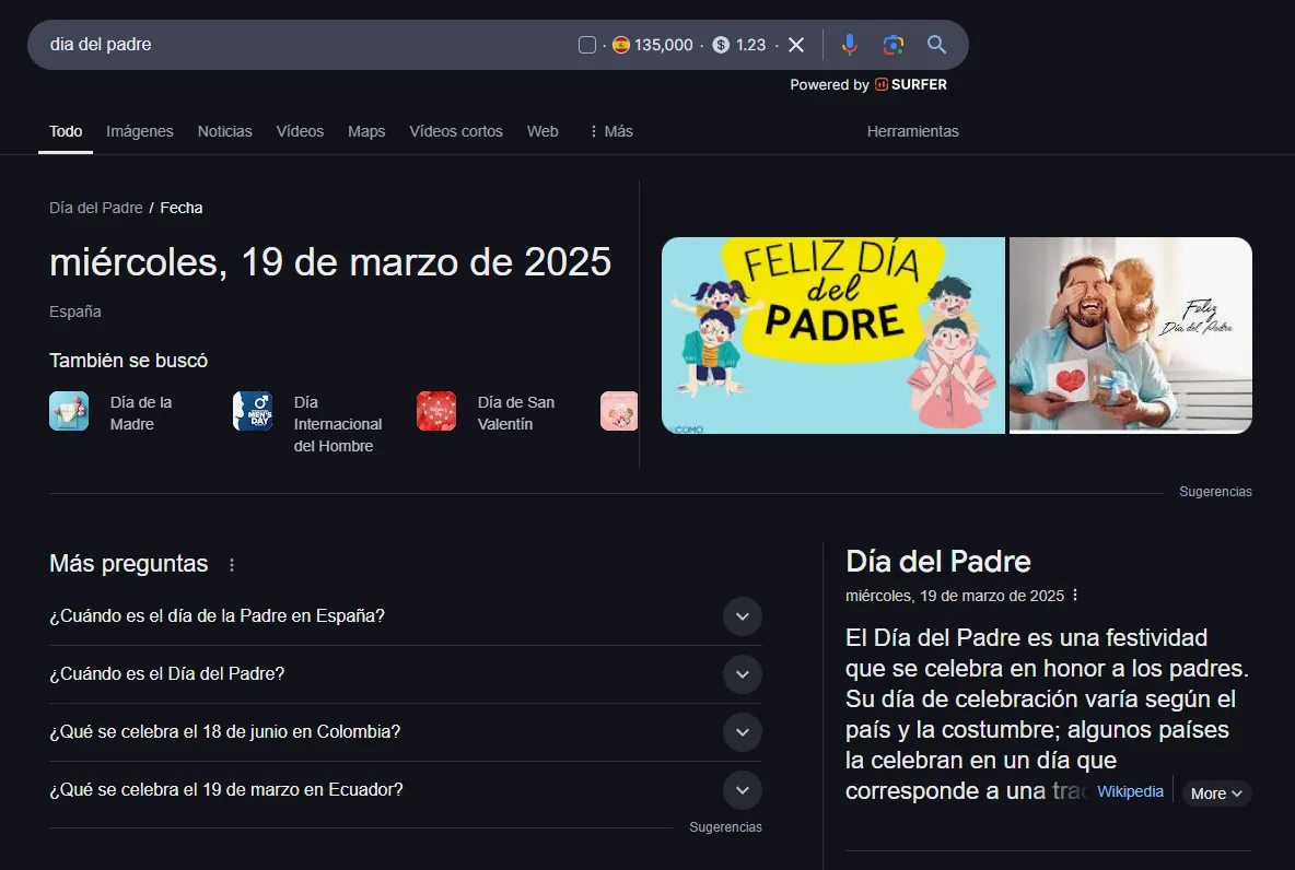Informational Google SERP for 'dia del padre' with date, related questions and knowledge panel