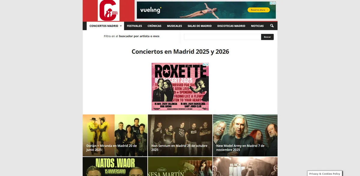 Home page of ConciertosPorMadrid, a Spanish music site