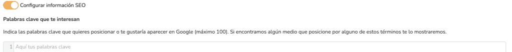 Growwer project SEO information option switched on, with the target keywords field