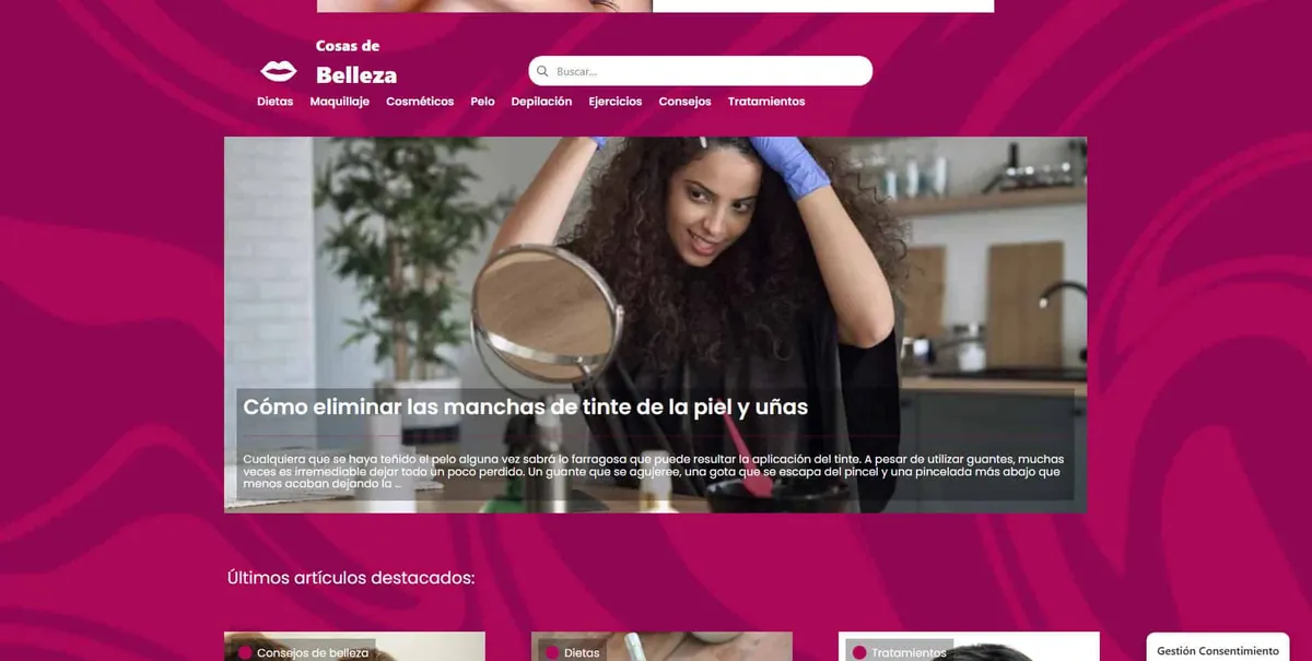Home page of Cosas de Belleza, a Spanish beauty site