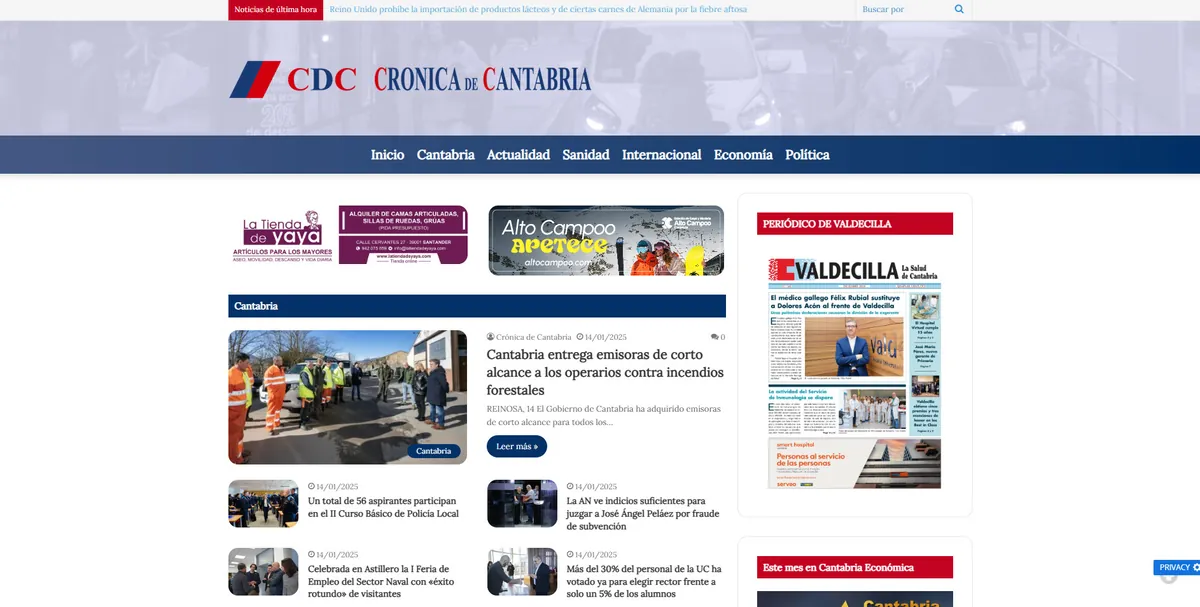 Home page of Crónica de Cantabria, a newspaper in Cantabria