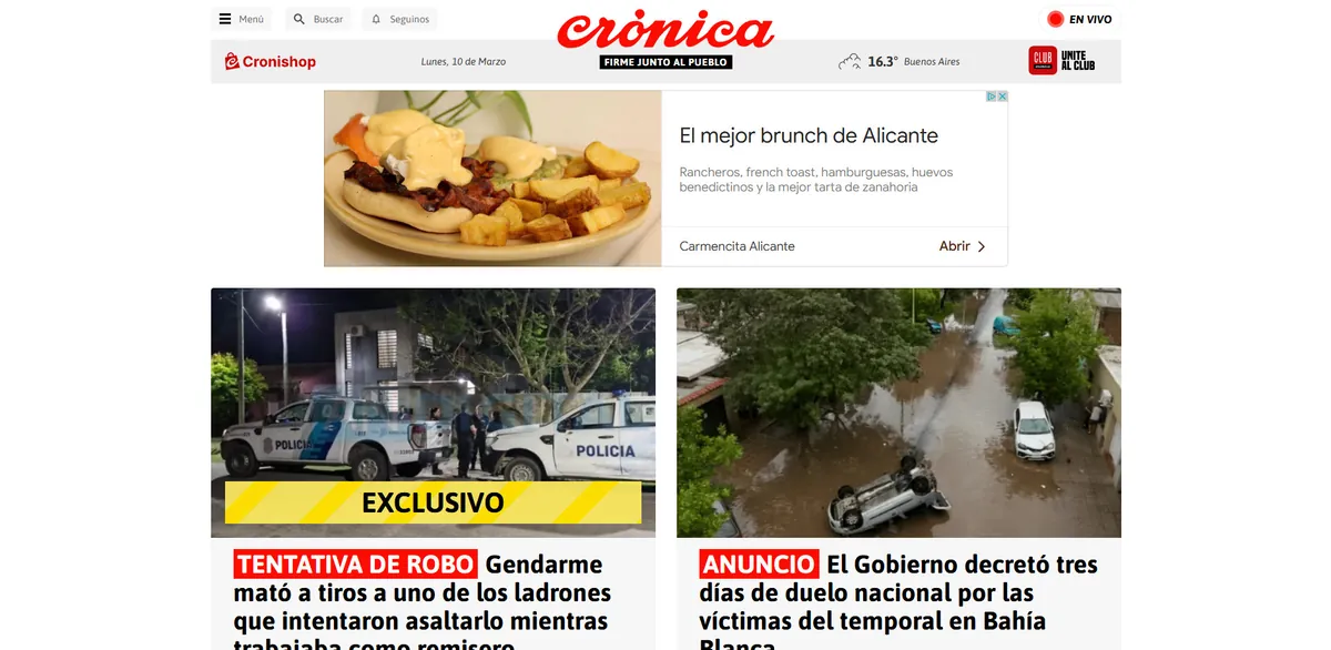 Home page of Crónica, an Argentine newspaper