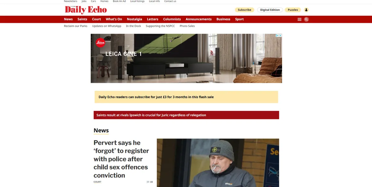 Home page of Daily Echo, a UK newspaper