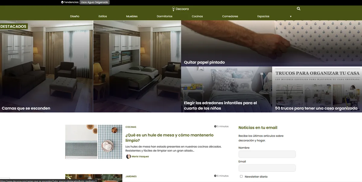Home page of Decoora, a Spanish home decor site