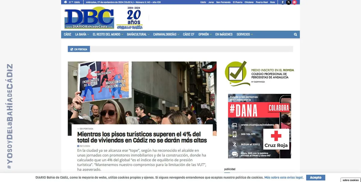 Home page of Diario Bahía de Cádiz, a newspaper in Cádiz