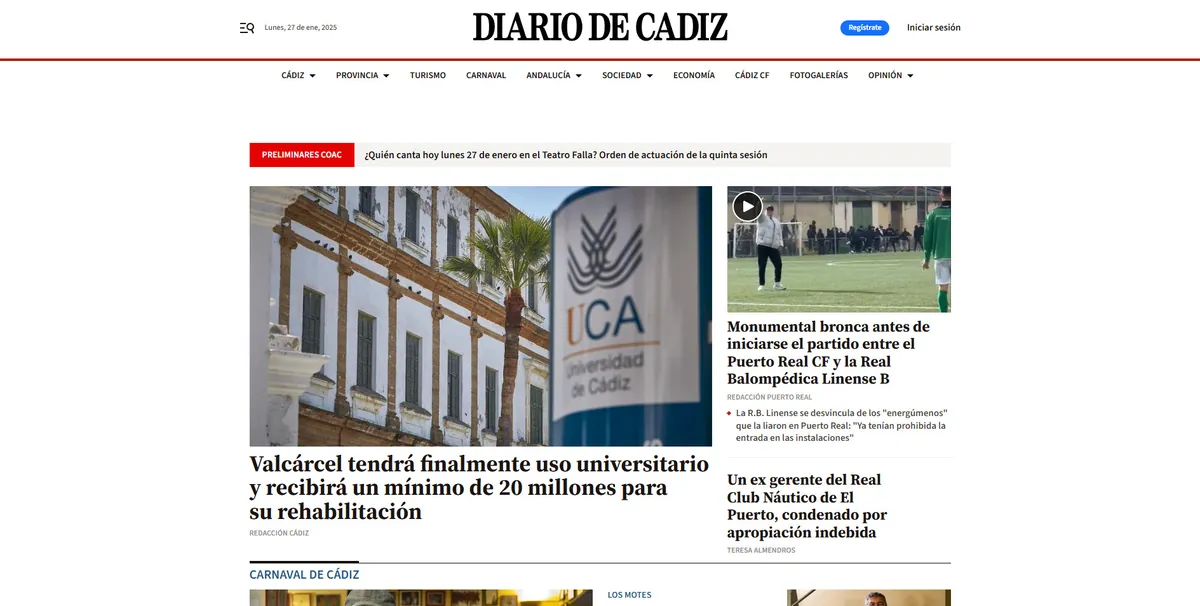Home page of Diario de Cádiz, a newspaper in Andalusia