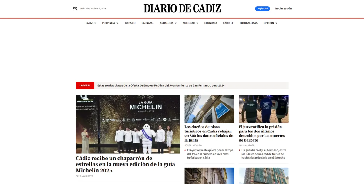 Home page of Diario de Cádiz, a newspaper in Cádiz