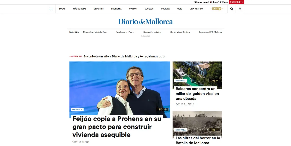 Home page of Diario de Mallorca, a newspaper in the Balearic Islands