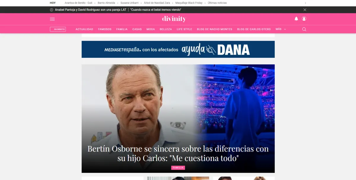Home page of Divinity, a Spanish-language celebrity magazine