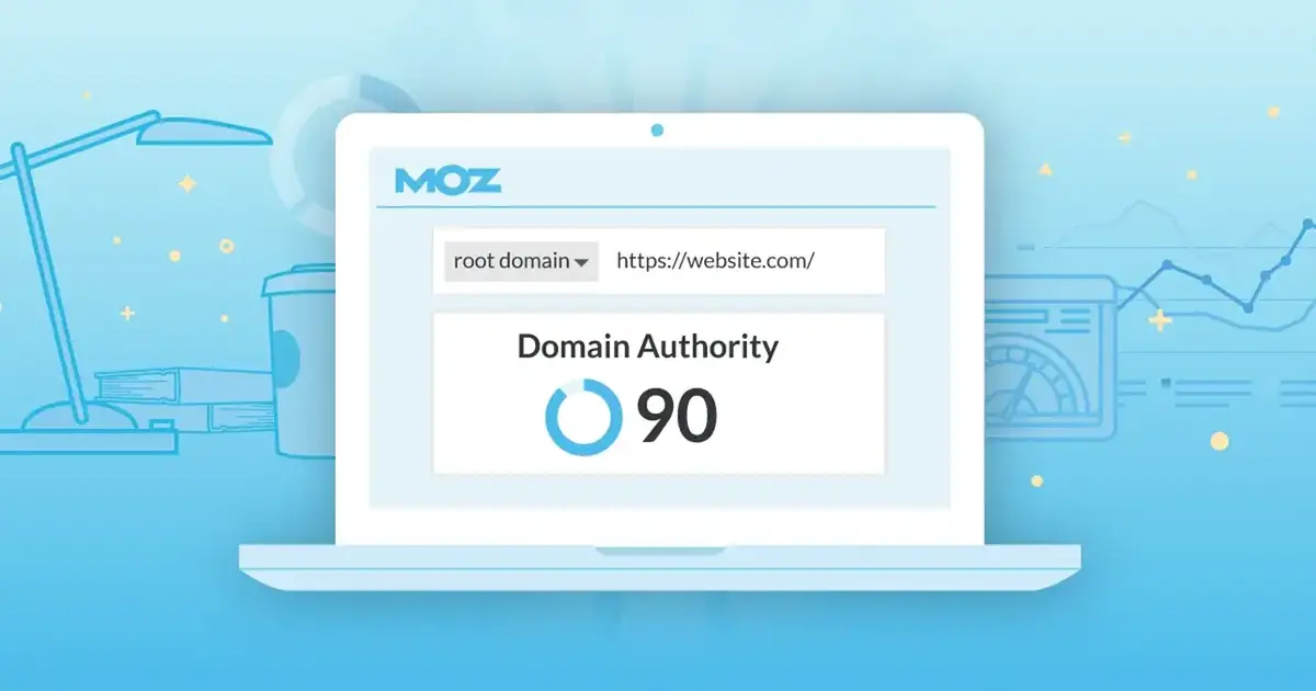 Moz Domain Authority score of 90 shown on a laptop illustration