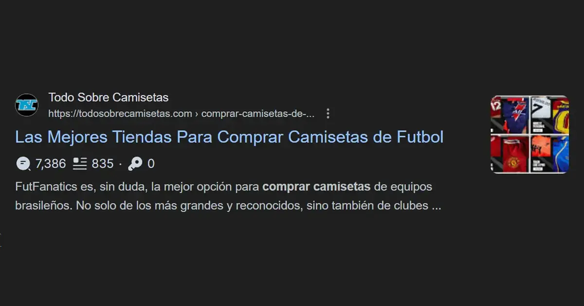 Google result for todosobrecamisetas.com on the best shops to buy football shirts