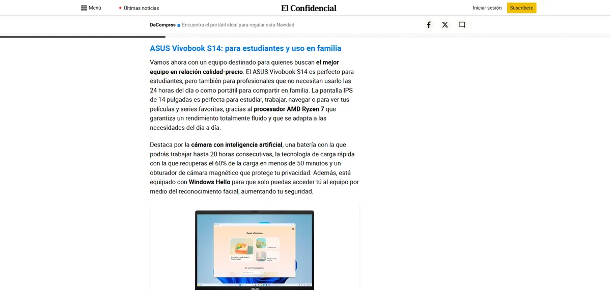 El Confidencial DeCompras article recommending the ASUS Vivobook S14 as a Christmas laptop
