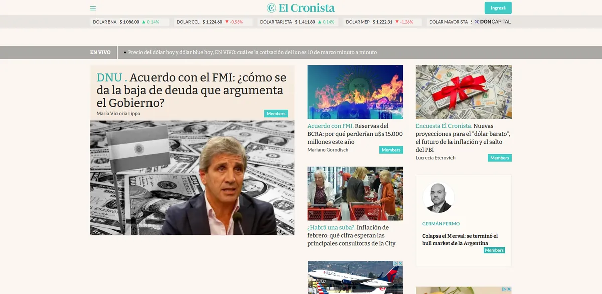 Home page of El Cronista, an Argentine newspaper