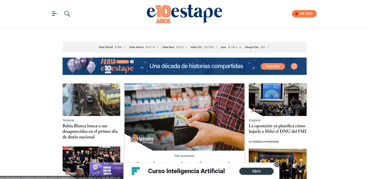 Home page of El Destape Web, an Argentine newspaper